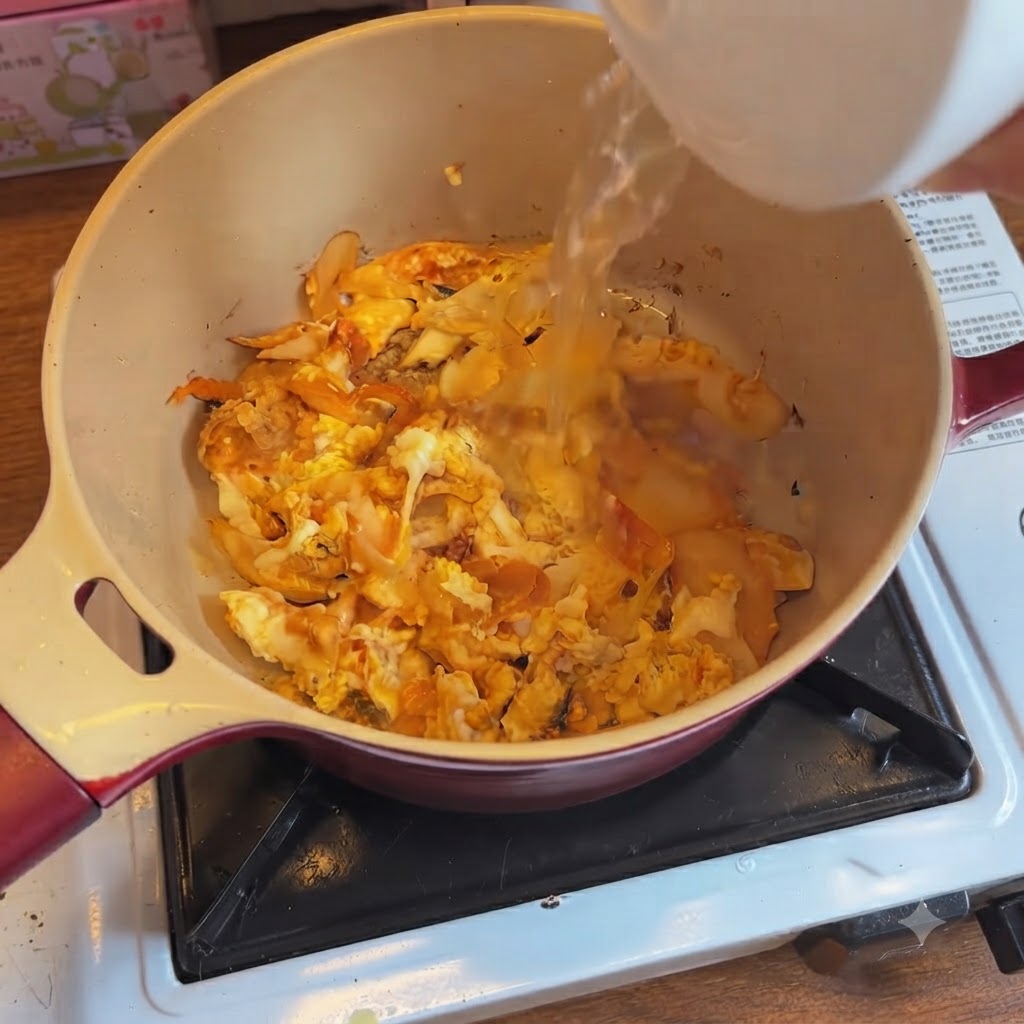 Agua caliente cayendo desde un recipiente blanco a la olla con el kimchi y los huevos.
