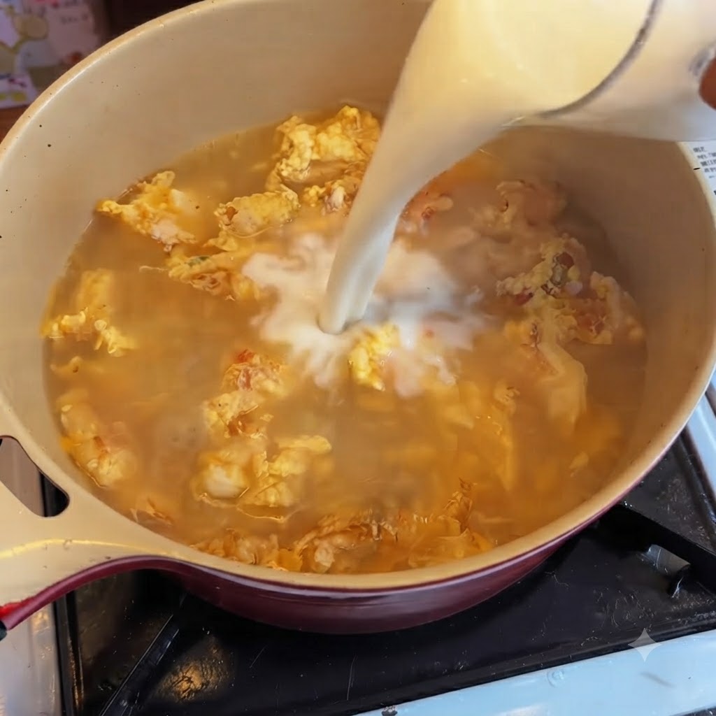 Leche vertiéndose en el caldo a fuego lento, creando una mezcla turbia.