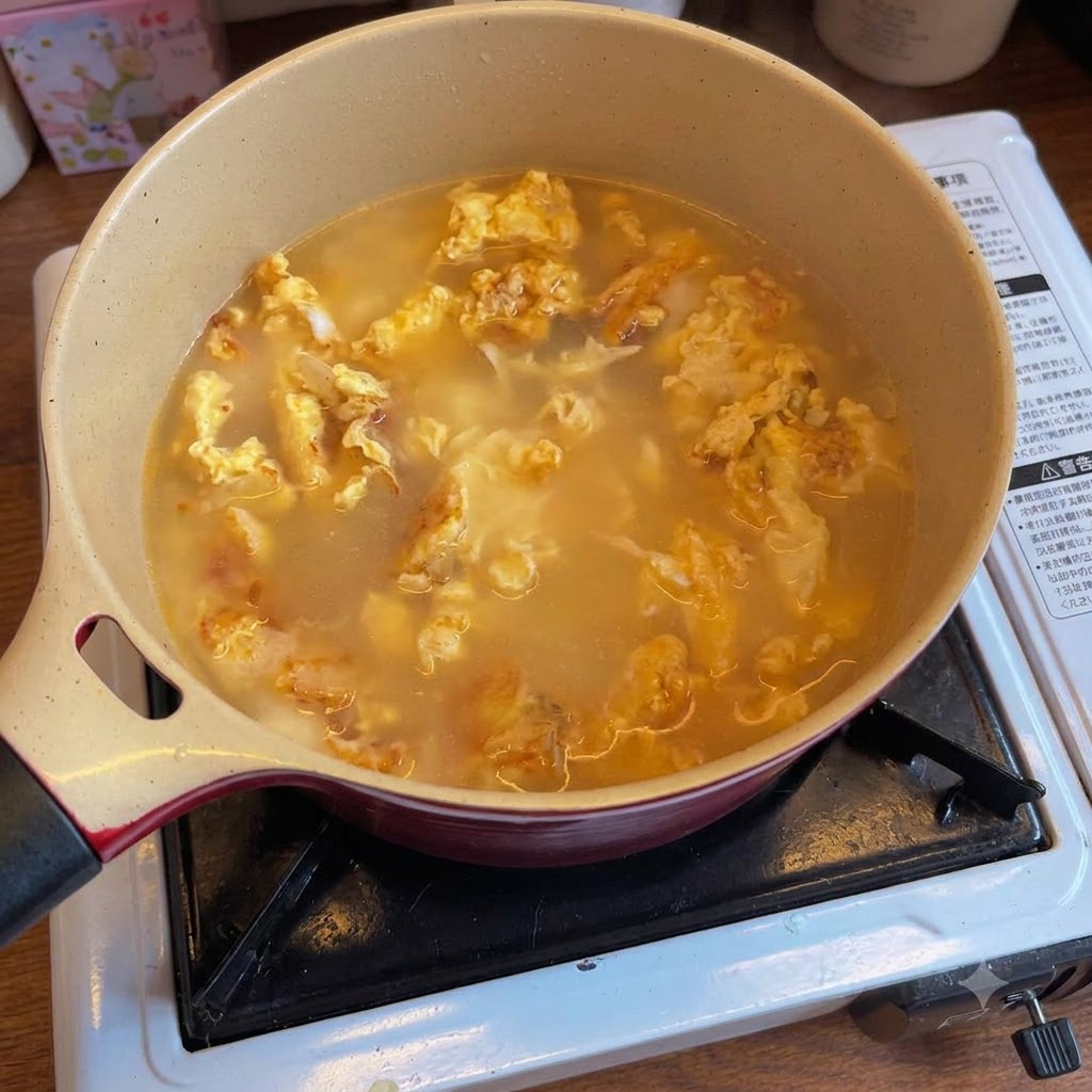 Una olla con un caldo claro condimentado e ingredientes cocinándose a fuego lento.