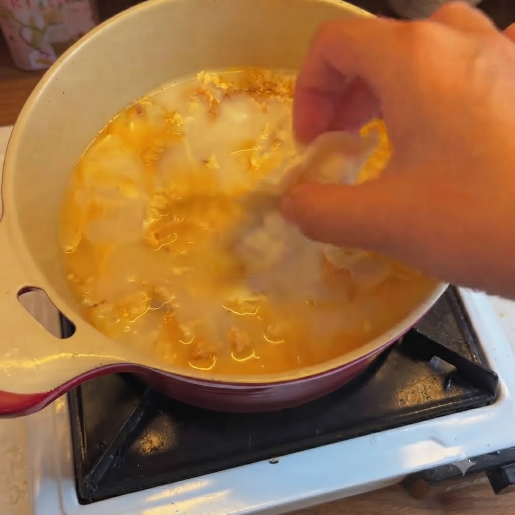 Una mano dejando caer un dumpling de kimchi en una olla con caldo anaranjado burbujeante.