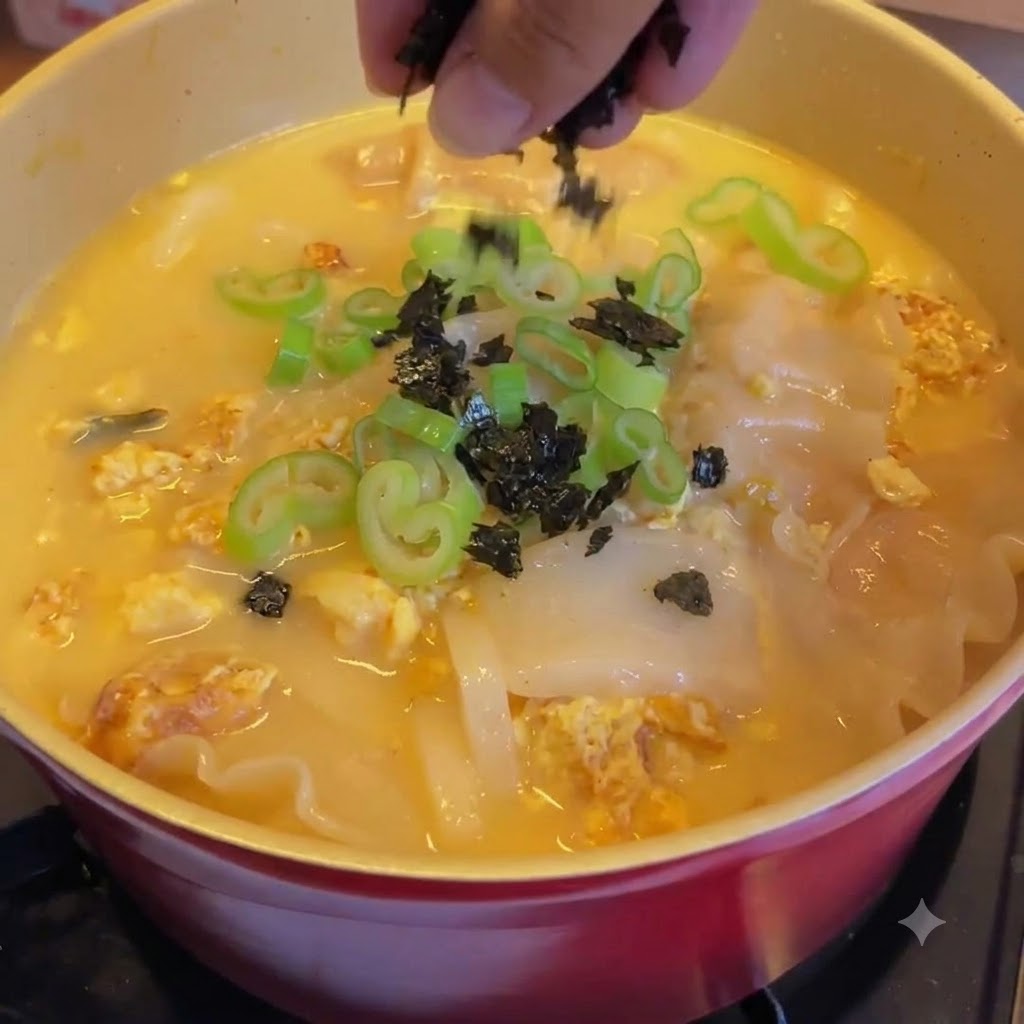 Una mano espolvoreando algas trituradas sobre cebolleta fresca en una rica sopa coreana.
