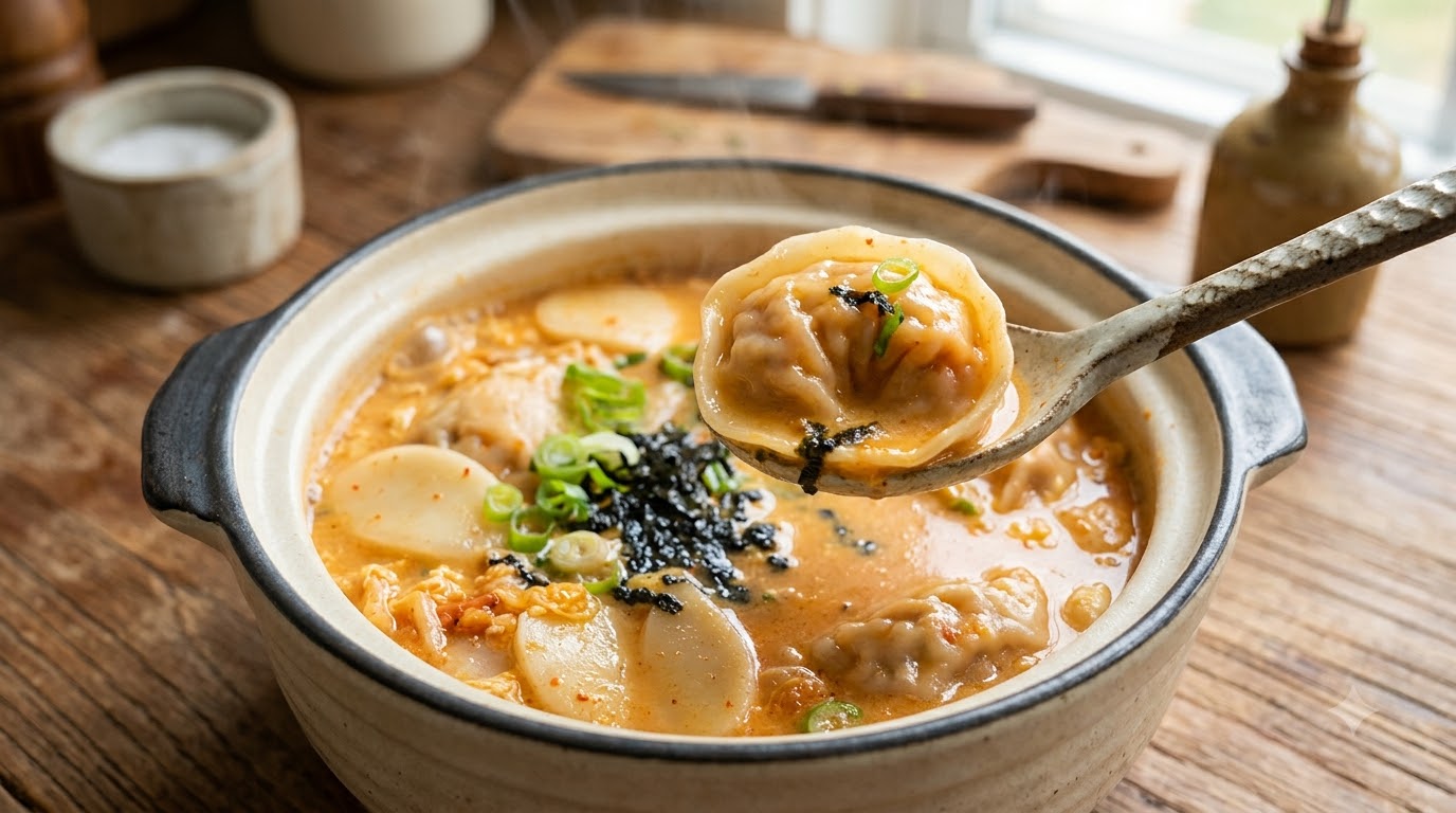 Sopa Cremosa de Kimchi con Pasteles de Arroz y Dumplings