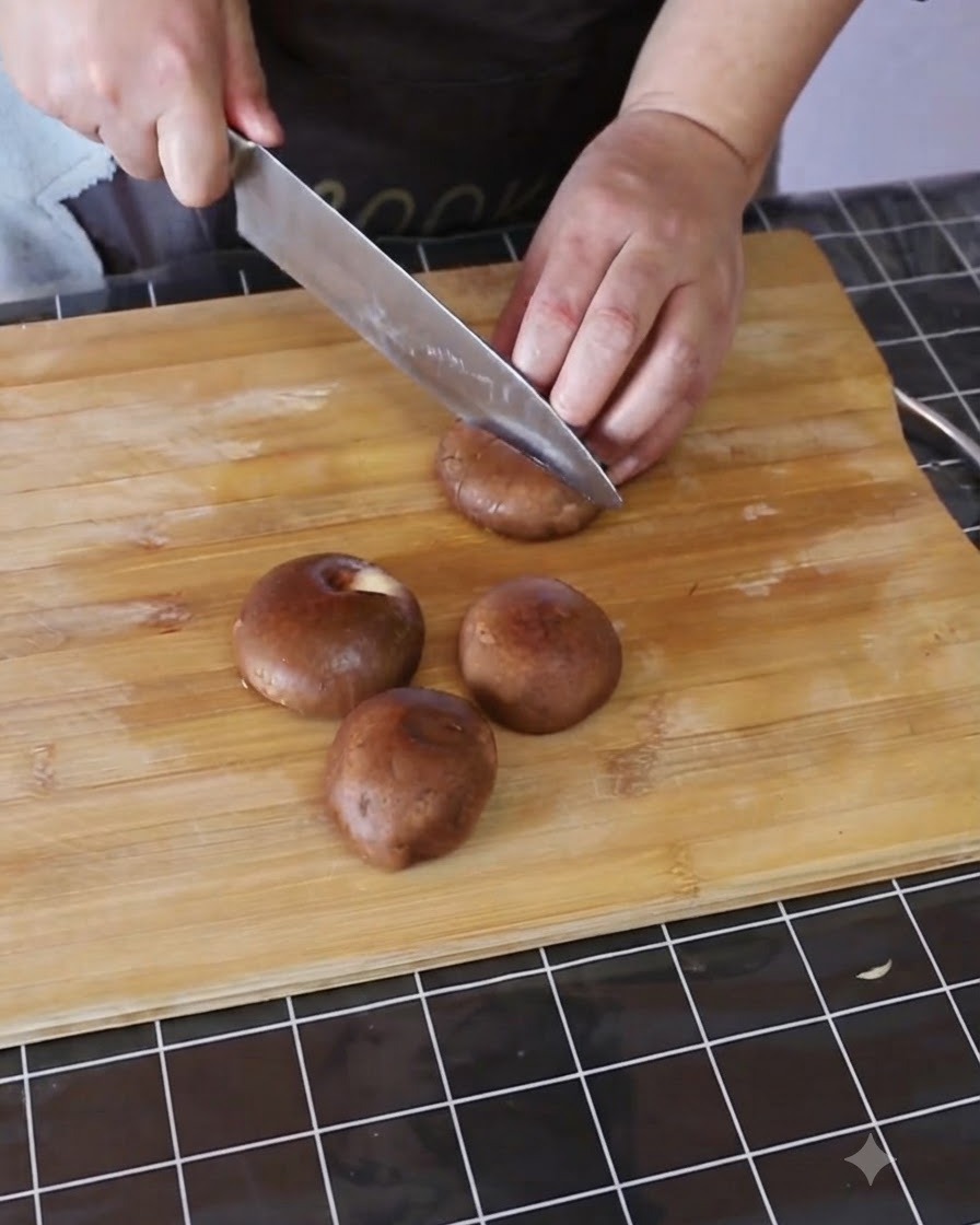 Setas shiitake enteras siendo cortadas en trozos más pequeños sobre una tabla de cortar de madera.