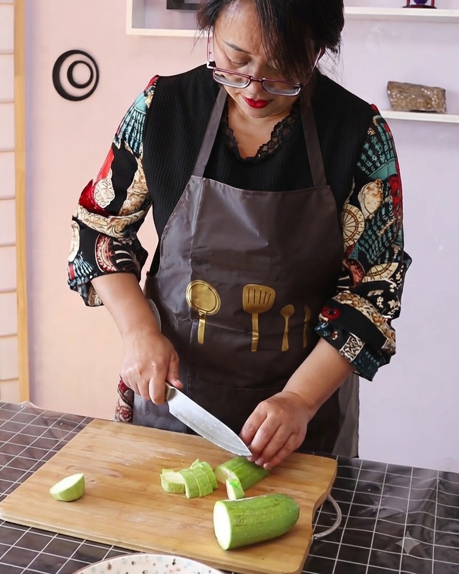 Col napa y bloques grandes de tofu firme siendo troceados sobre una tabla de cortar de madera.