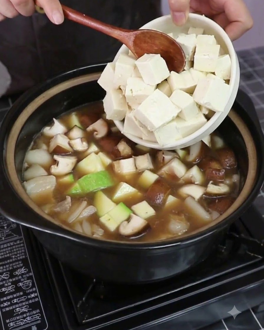 Cubos de tofu firme en salmuera siendo añadidos a la olla con verduras y caldo.