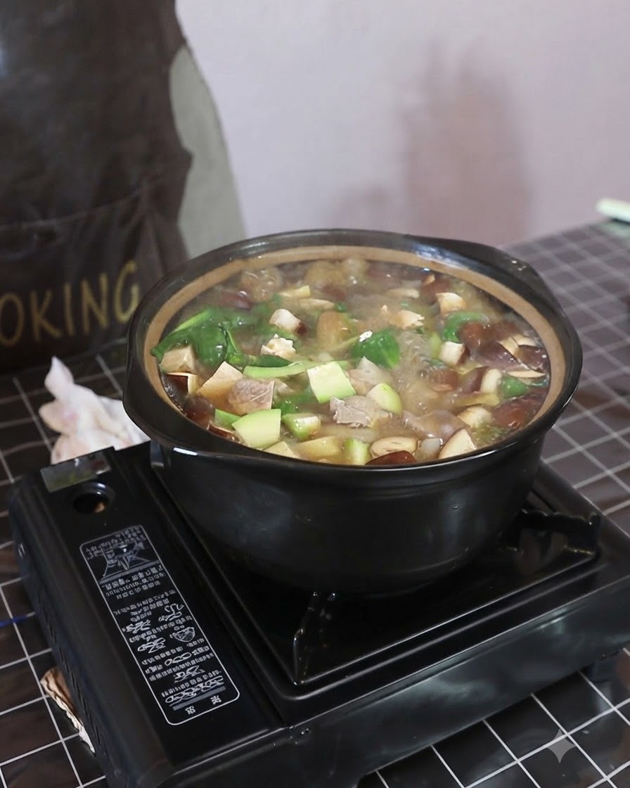 Una cuchara de polvo sazonador blanco siendo vertida en la olla burbujeante de sopa y verduras.
