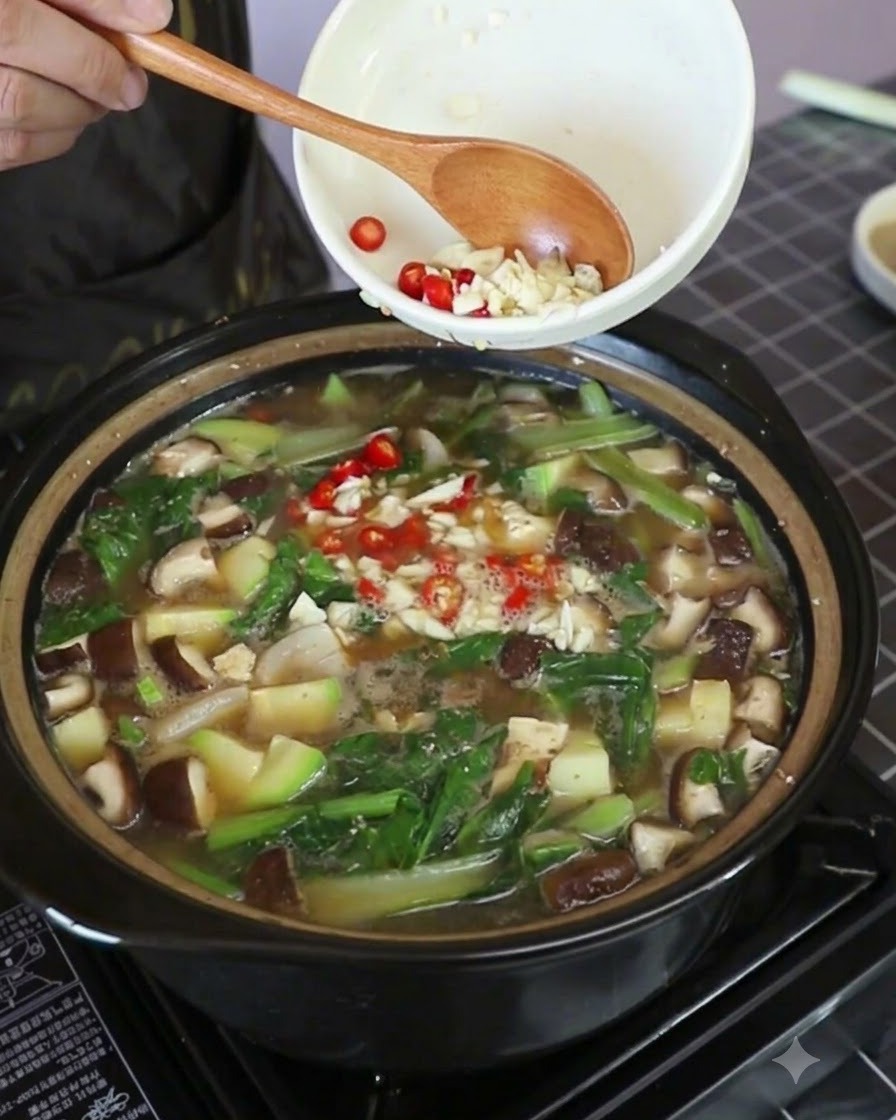 Ajo picado y aros de chile rojo tailandés siendo vertidos desde un cuenco blanco en la olla de sopa humeante.