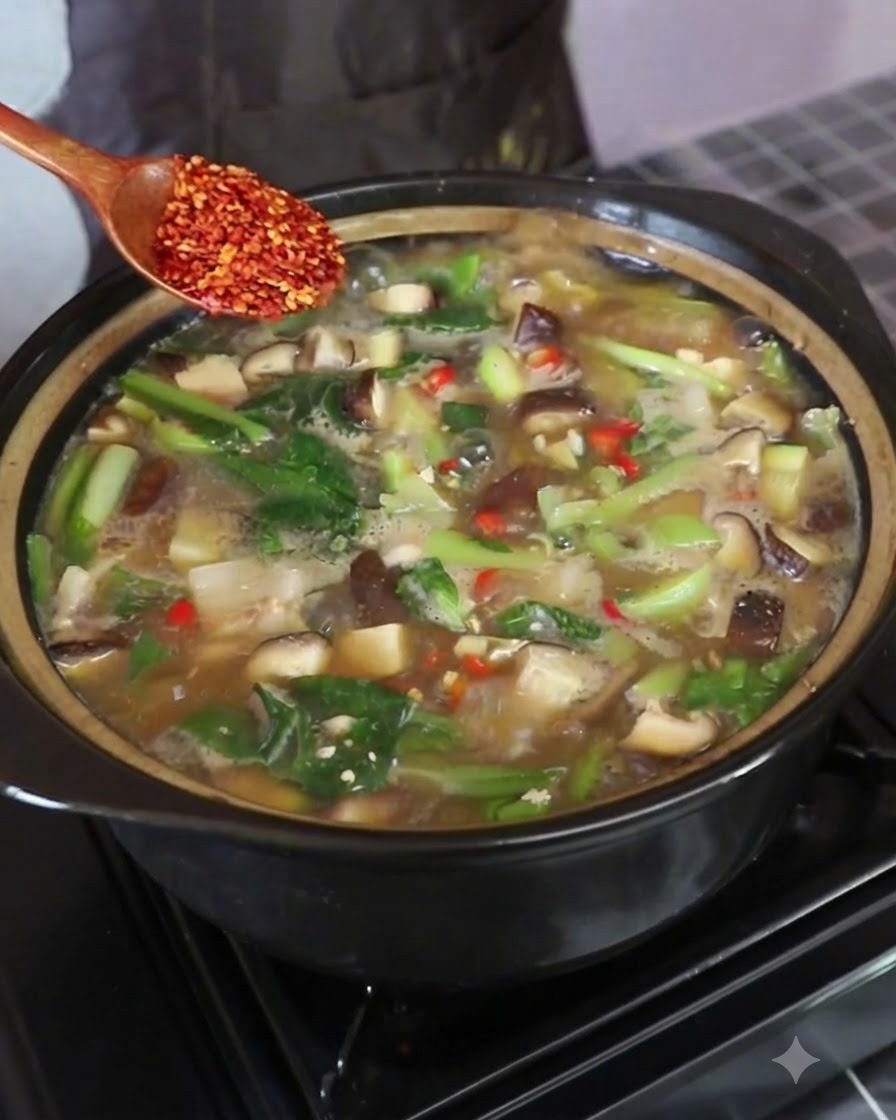Una cuchara de madera sosteniendo hojuelas de chile rojo sobre la olla de sopa hirviendo mientras se revuelve.