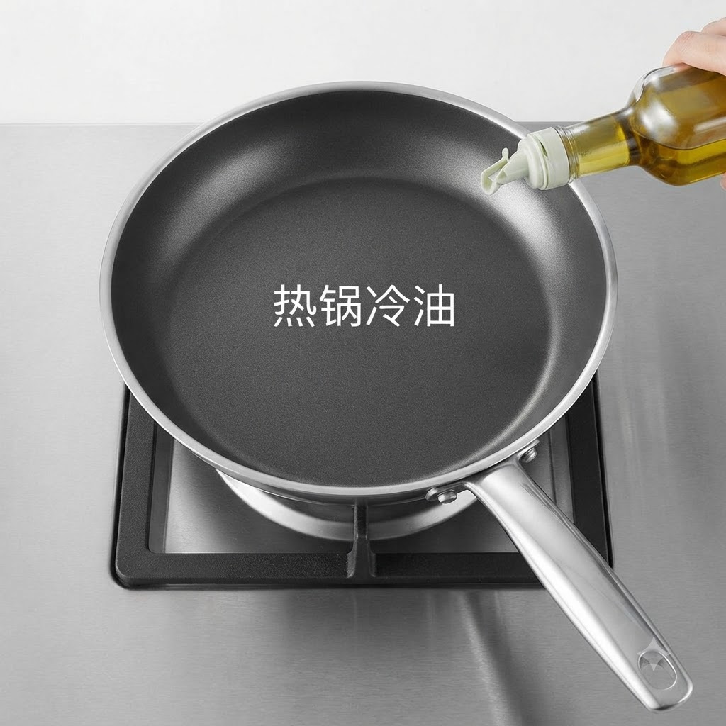 Aceite de cocina siendo vertido desde una botella en una sartén caliente sobre una estufa.
