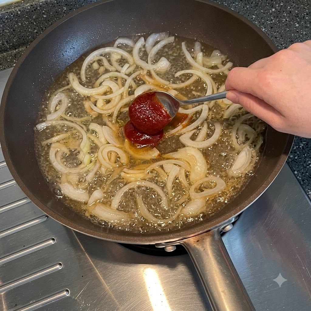 Una cucharada de pasta de ají coreana siendo añadida a una sartén con agua hirviendo y cebollas cortadas.