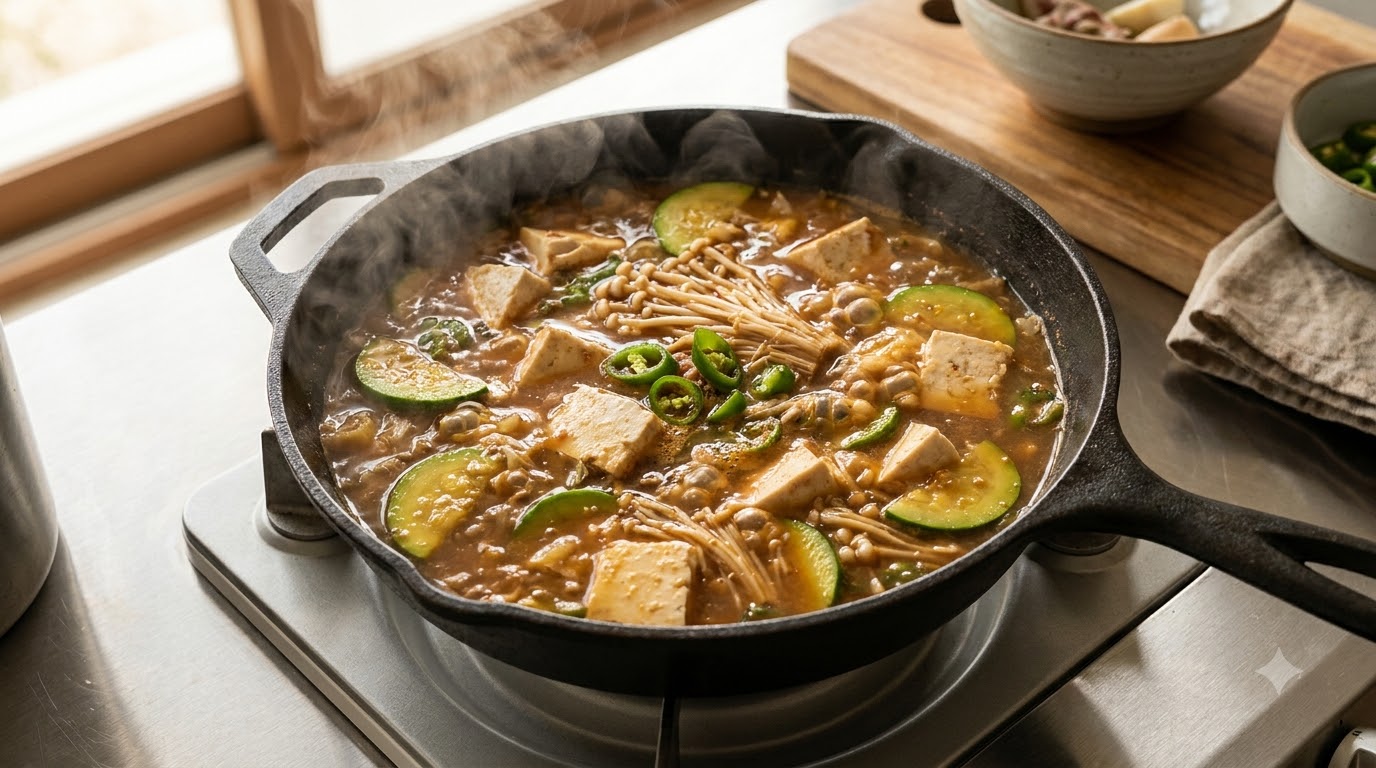 Una sartén humeante de estofado coreano de pasta de soja llena de tofu tierno, calabacín y setas enoki