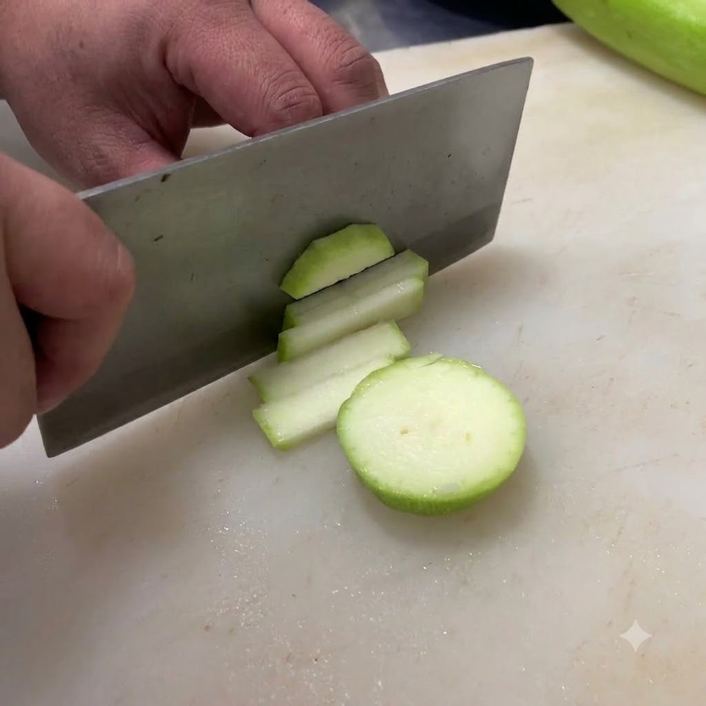 Un cuchillo cortando una zanahoria en trozos finos sobre una tabla de cortar blanca.
