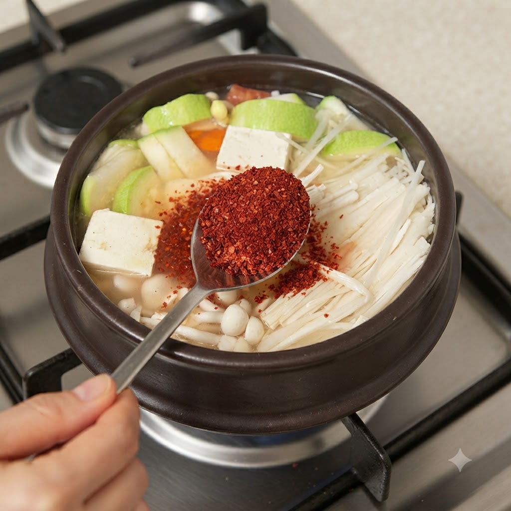 Una cuchara llena de chile en polvo rojo vibrante siendo agregada a la olla de estofado hirviendo a fuego lento.