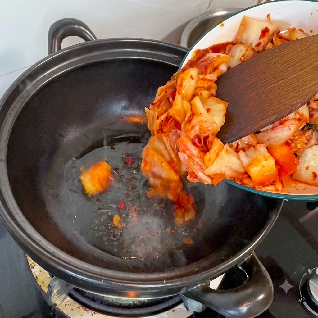 Trozos cortados de kimchi siendo raspados de un plato a una olla oscura caliente usando una espátula de madera.