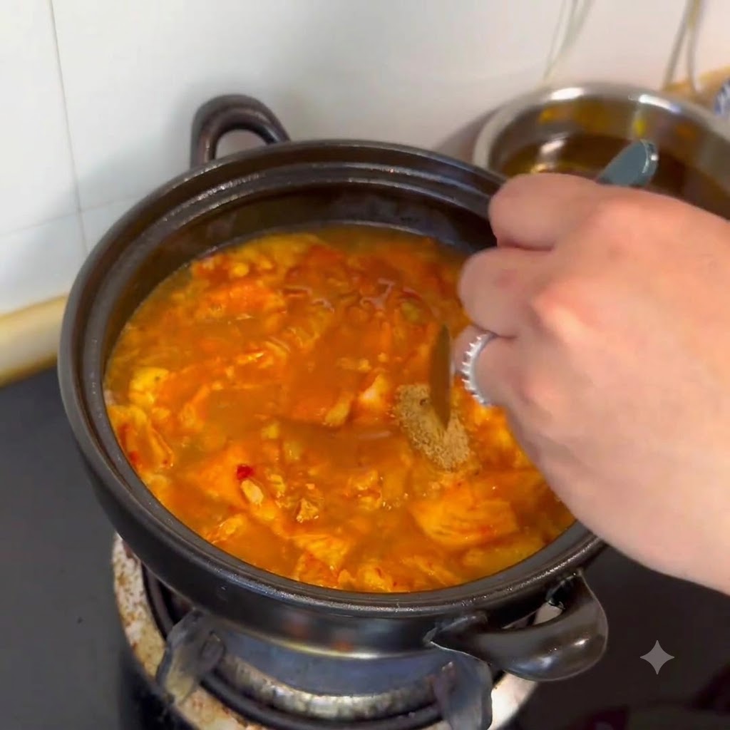 Caldo de carne en polvo y condimentos siendo añadidos a la olla de guiso hirviendo usando una cuchara pequeña.