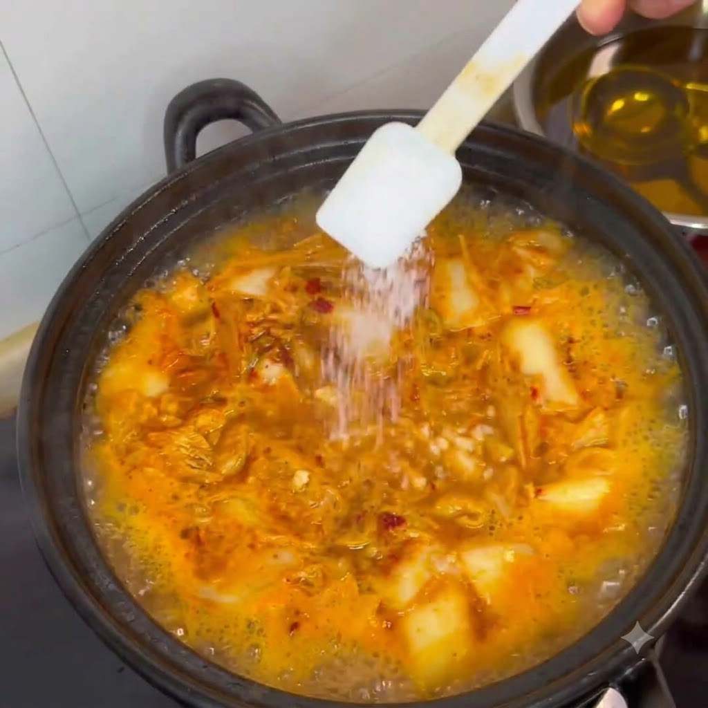 Cubos de tofu siendo añadidos desde un plato blanco a la olla de estofado hirviendo.