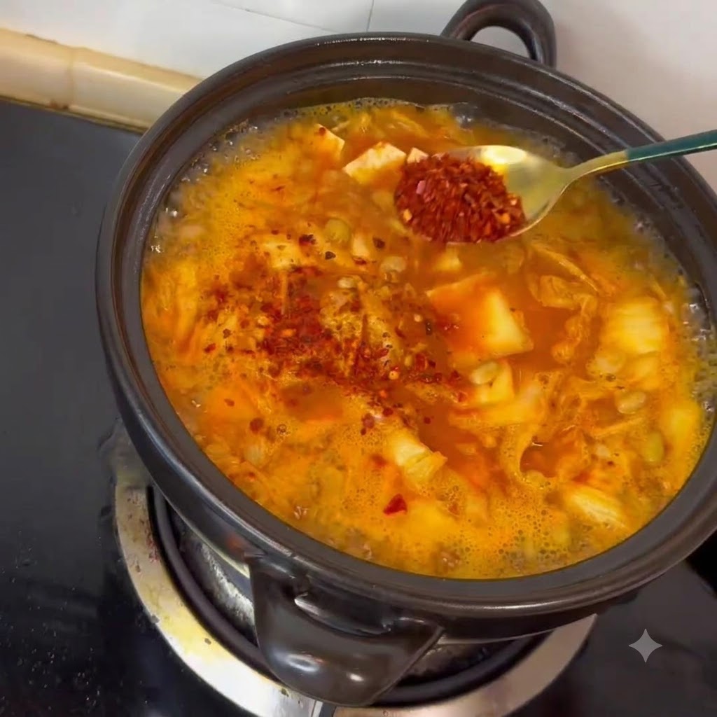 Chile en polvo siendo añadido a la olla de sopa desde una cuchara pequeña.