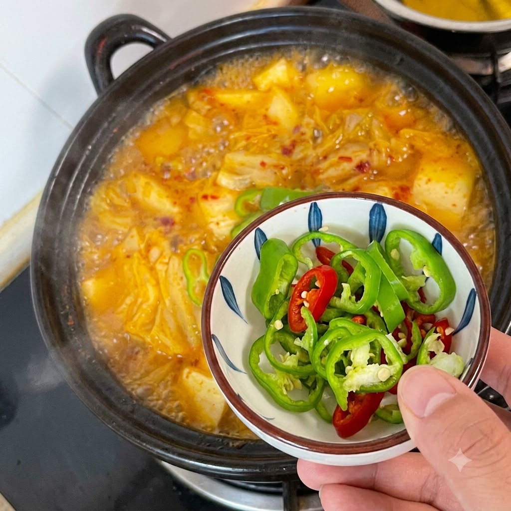 Rodajas de chile verde y rojo en un tazón listas para ser añadidas a la sopa hirviendo.