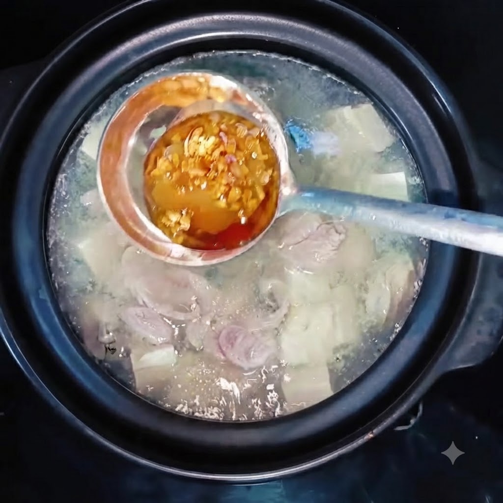 Un cucharón que contiene aceite de cebollino y condimentos sostenido sobre una olla hirviendo de sopa de ostras y tofu.