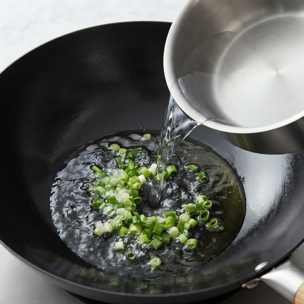 Agua clara siendo vertida desde un recipiente de metal en un wok negro con cebollines verdes.