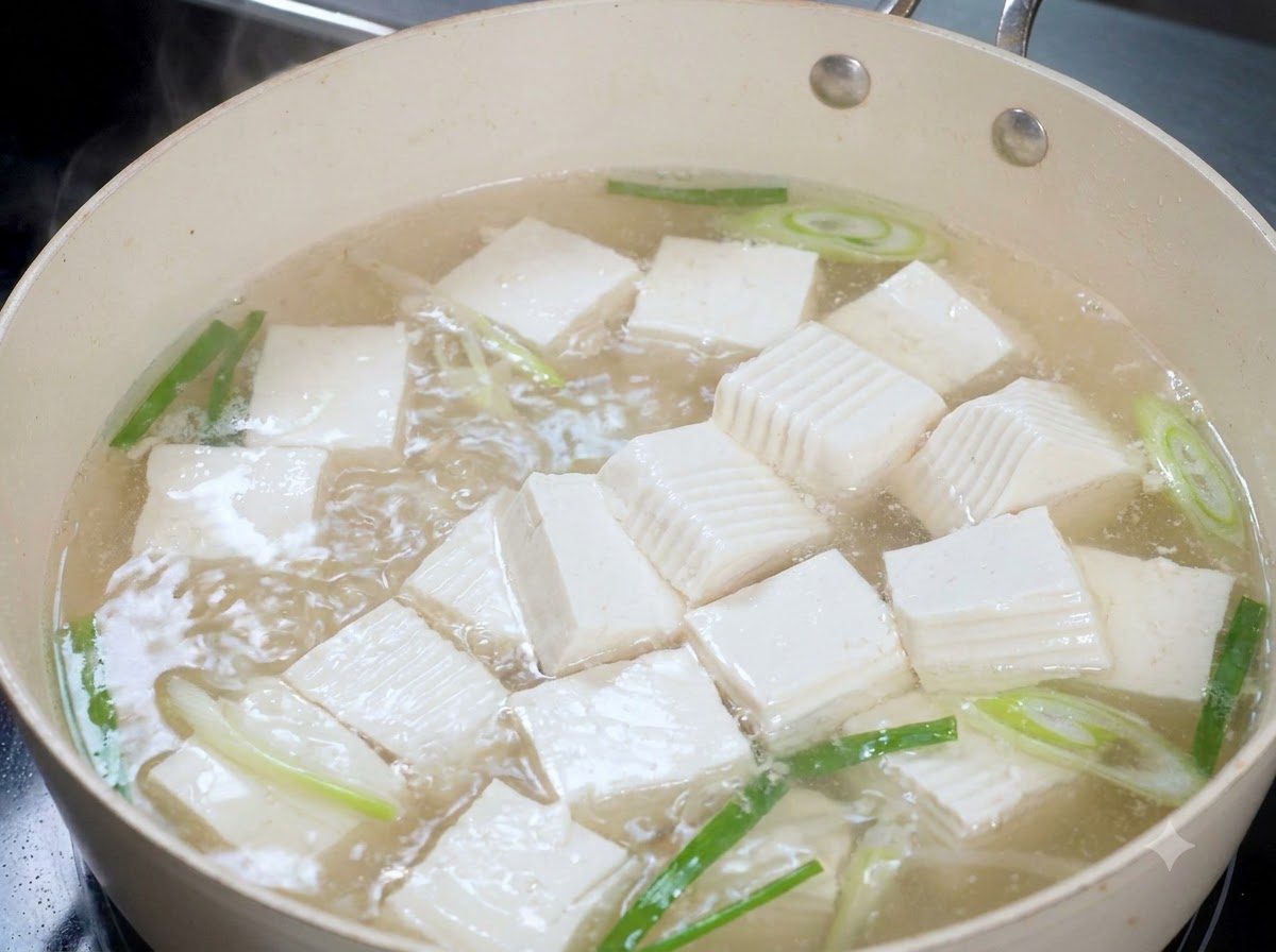 Cubos de tofu blanco suave hirviendo a fuego lento en agua con cebollinos y jengibre.