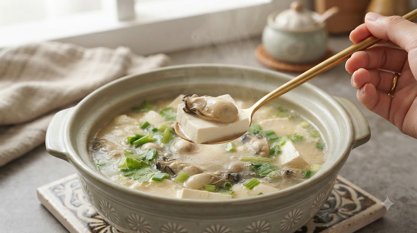 Una cuchara dorada levantando un cubo de tofu blanco suave cubierto con una ostra cocida y carnosa de una olla de caldo burbujeante con hierbas verdes.