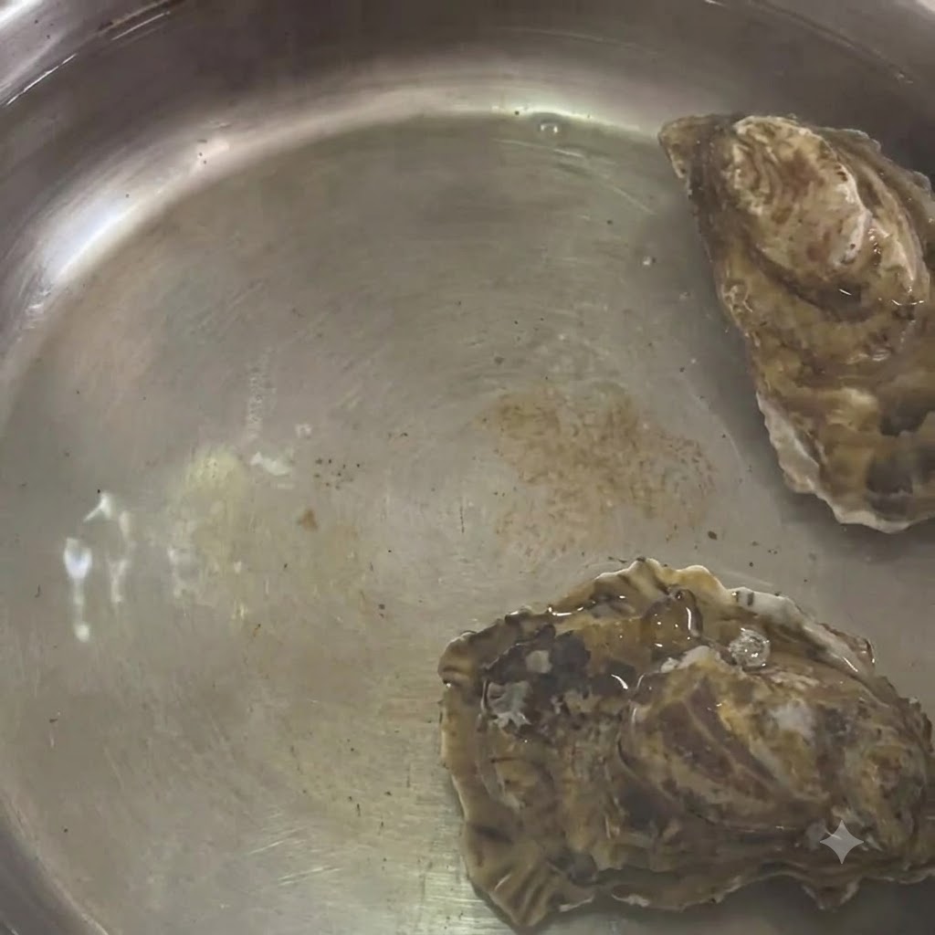 Ostras hirviendo dentro de una olla de acero inoxidable con agua caliente.