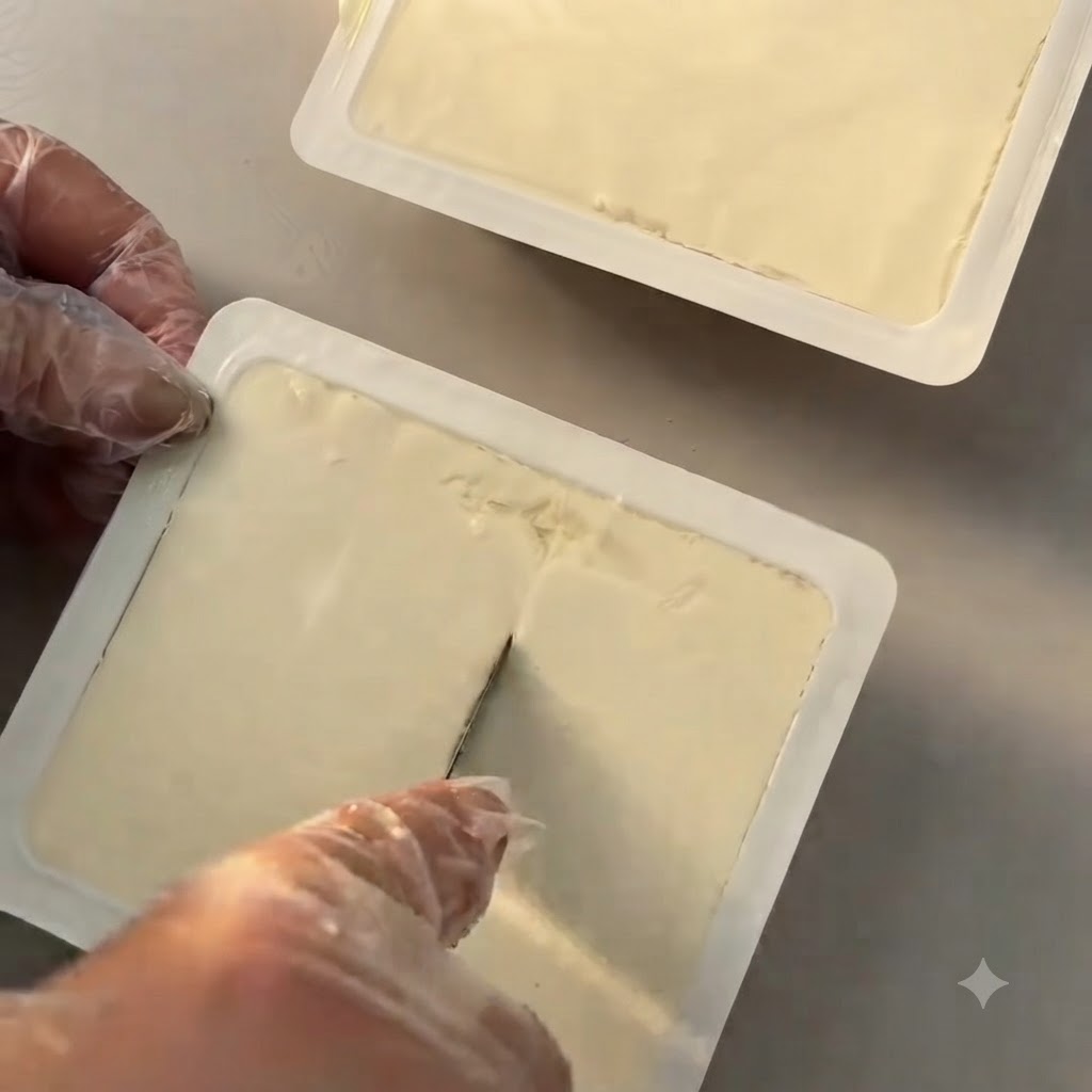 Tofu sedoso en su envase de plástico siendo cortado en pequeños cuadrados con un cuchillo.