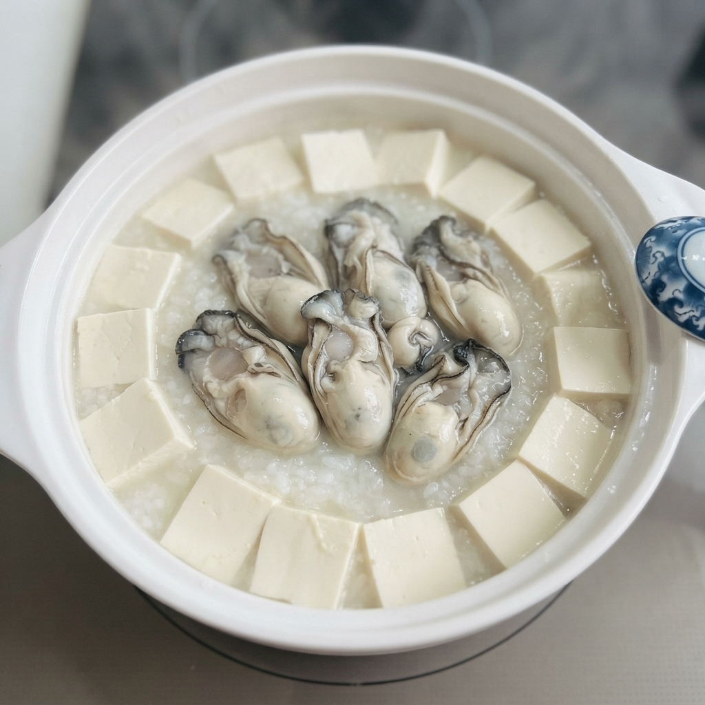 Ostras y tofu cocinándose juntos a fuego lento en una olla de cerámica blanca.