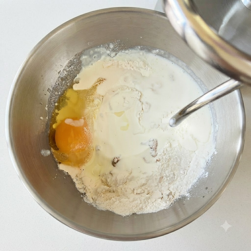 Bol de una batidora amasadora con harina, un huevo y leche líquida listos para mezclar.