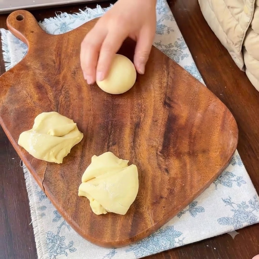 Una mano haciendo rodar un trozo de masa amarilla hasta formar una bola esférica y lisa sobre una tabla de madera.