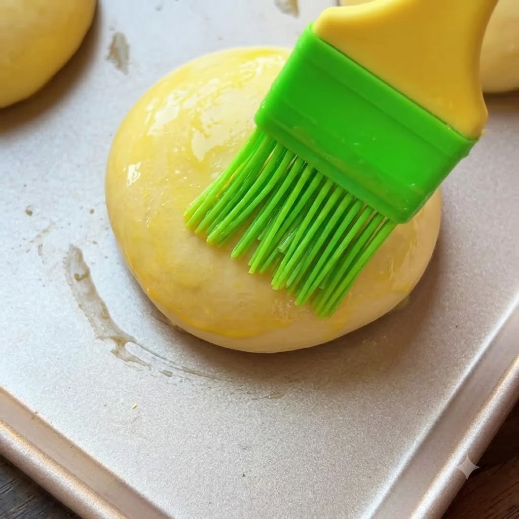 Un pincel de silicona verde cubriendo de huevo batido un bollo de masa fermentada en una bandeja de horno.