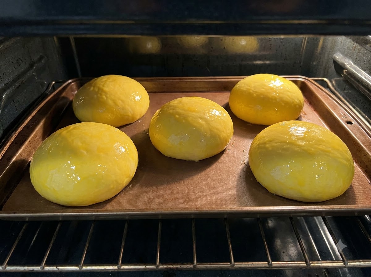 Cinco bollos de masa brillantes y pintados con huevo horneándose en una bandeja dentro de un horno caliente.