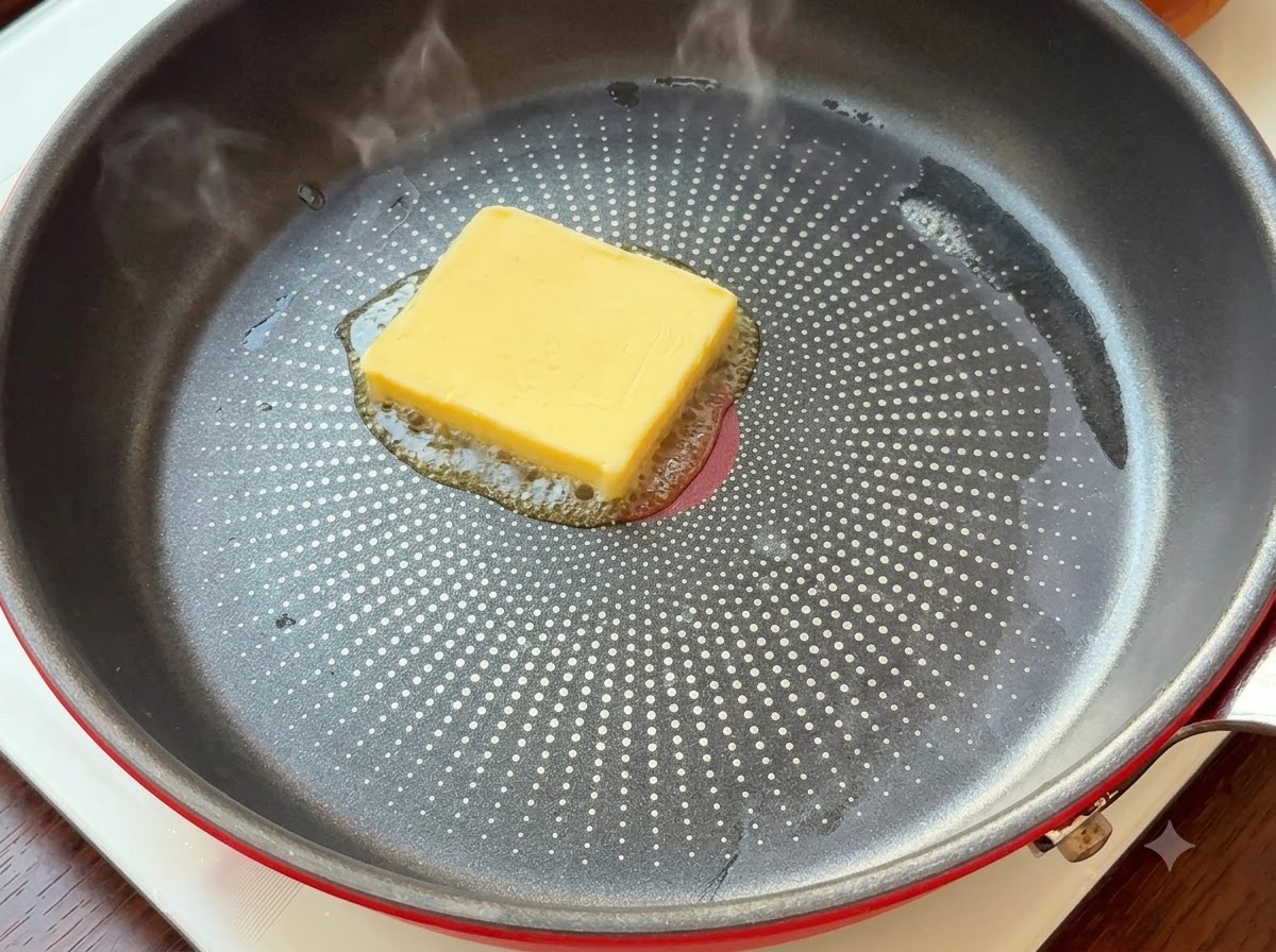 Un cuadradito de mantequilla derritiéndose en el centro de una sartén antiadherente caliente.