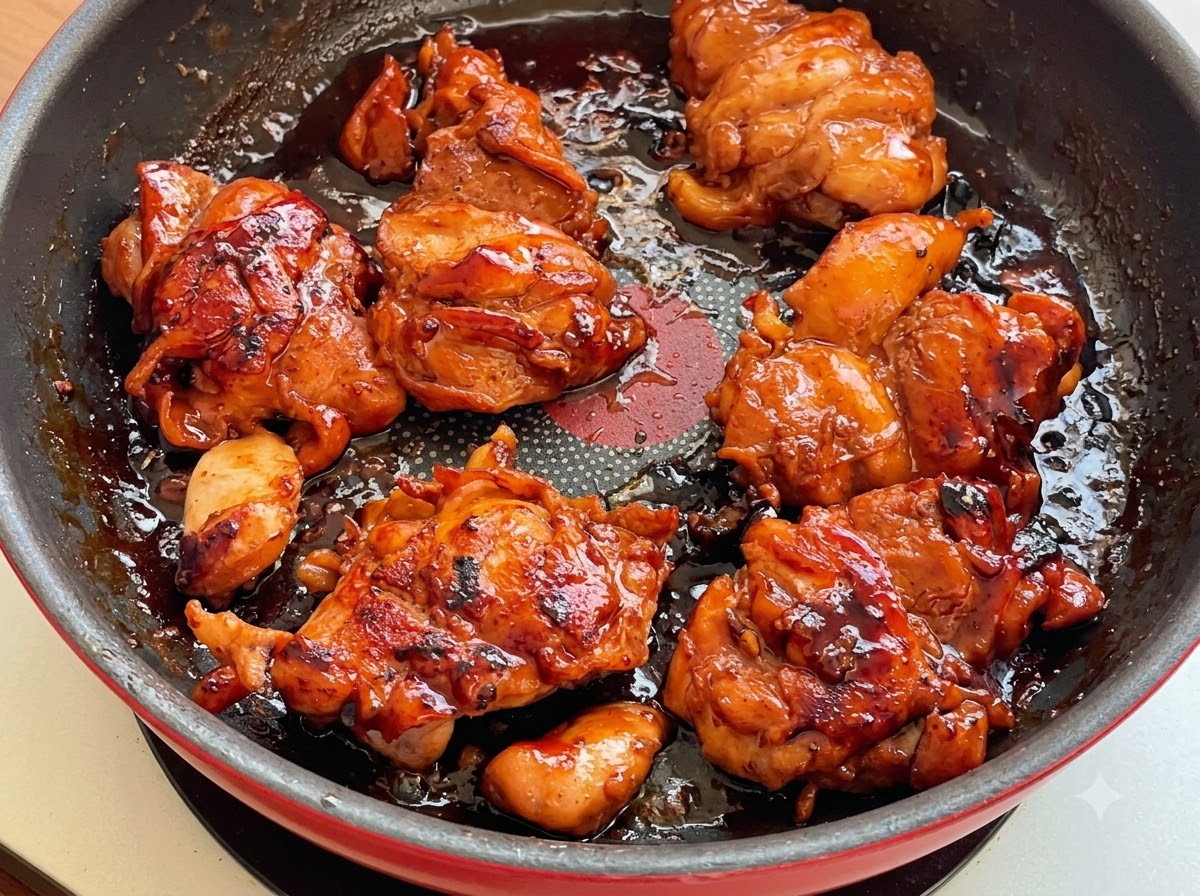 Contramuslos de pollo cociéndose a fuego lento en un glaseado teriyaki espeso y oscuro dentro de una sartén.