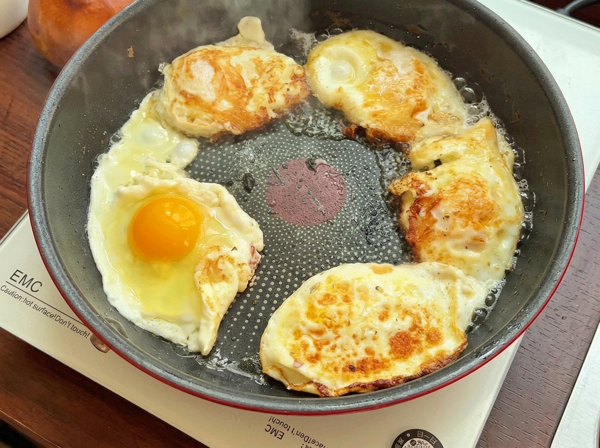 Varios huevos friéndose en una sartén antiadherente, con claras burbujeantes y yemas amarillas brillantes.