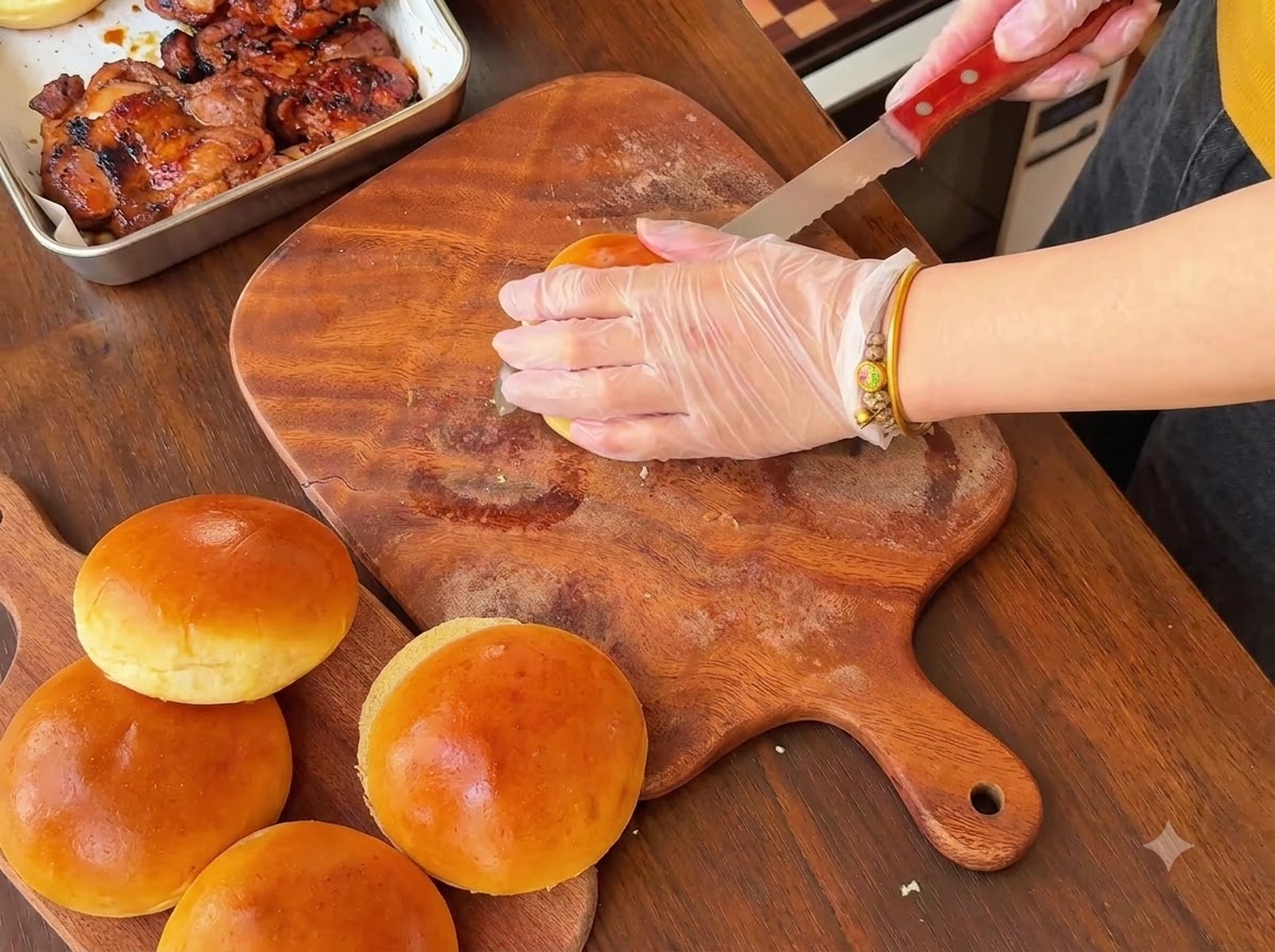 Manos con guantes transparentes utilizando un cuchillo de sierra para cortar un panecillo dorado recién horneado por la mitad sobre una tabla de madera.