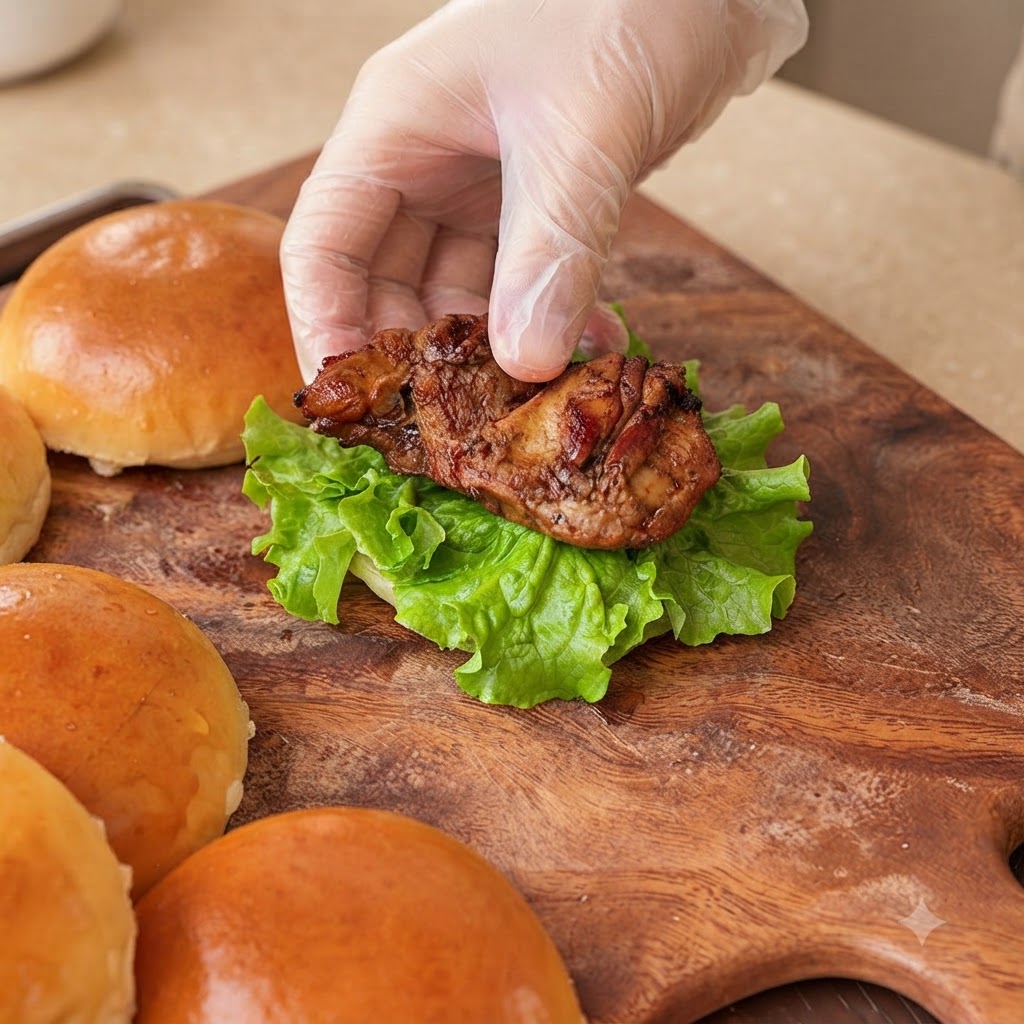 Una mano con guante colocando un trozo de pollo teriyaki glaseado sobre una cama de lechuga verde fresca en la base de un pan de hamburguesa.
