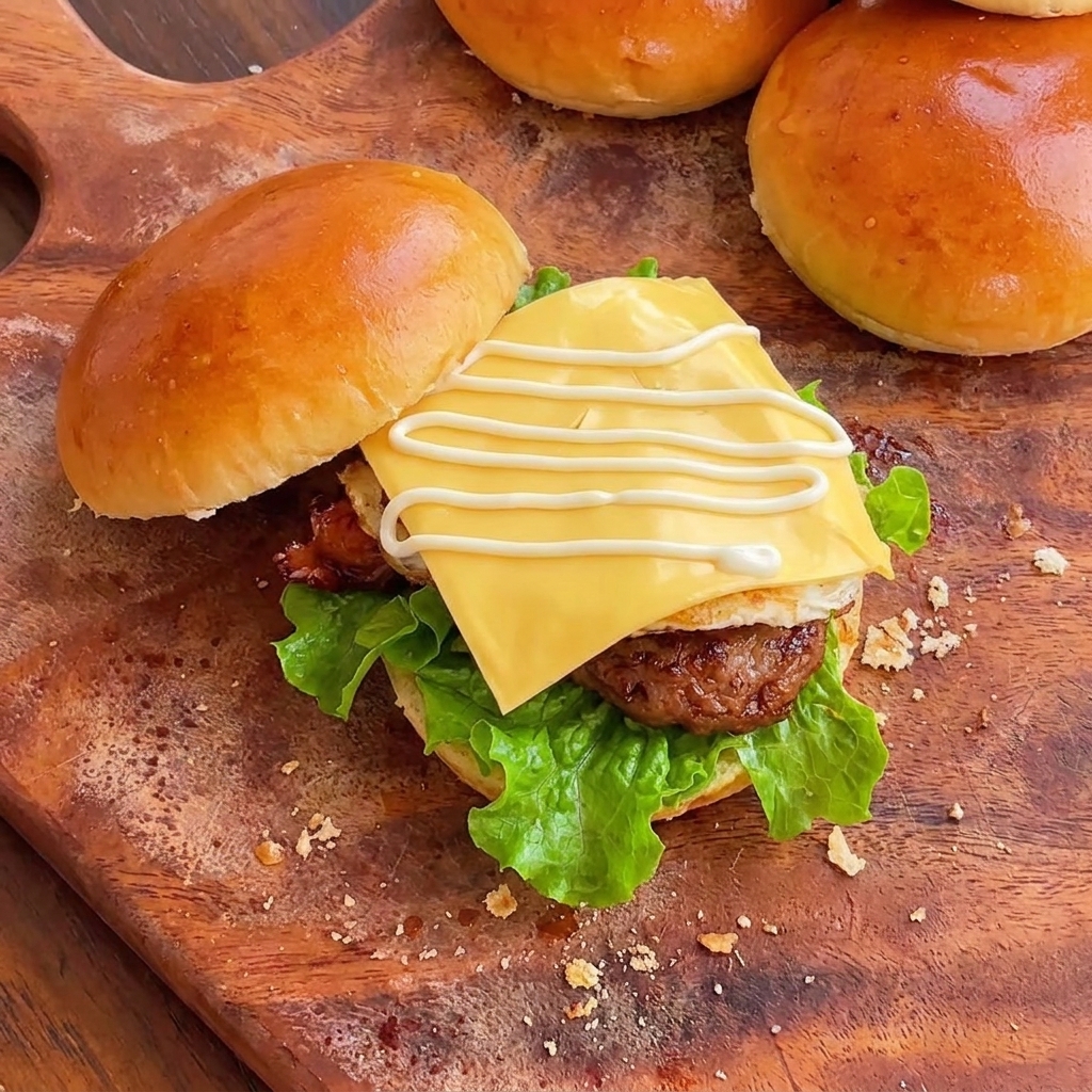 Una hamburguesa de pollo teriyaki recién montada con lechuga, filete de pollo, huevo frito, una loncha de queso fundido y líneas en zigzag de mayonesa en la parte superior.
