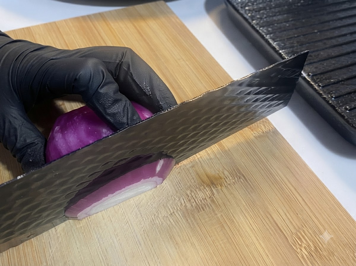 Un cuchillo cortando una cebolla roja en una tabla de cortar de madera.