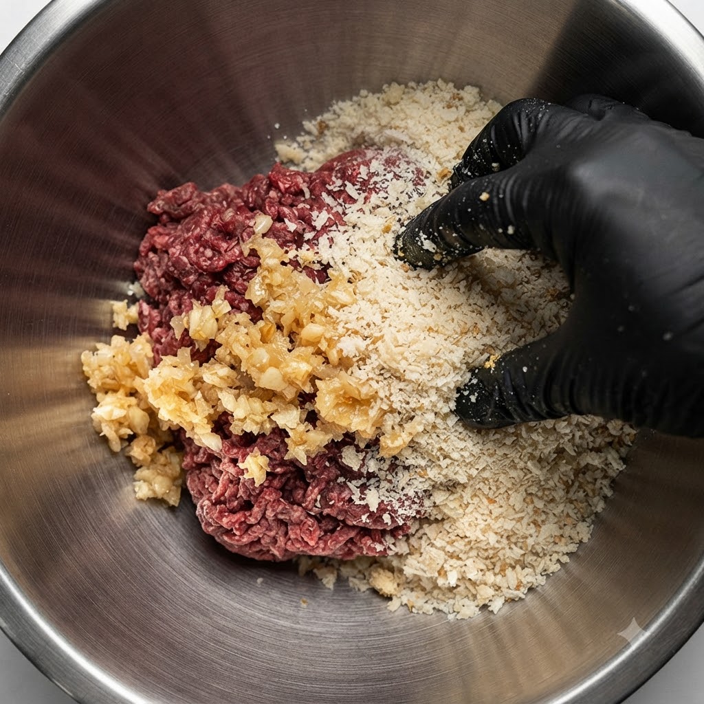 Una mano con guante mezclando condimentos en el bol de preparación de carne.