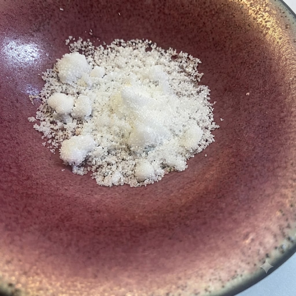 Azúcar blanca colocada en un bol rosa, con kétchup y salsa de soja siendo vertidos.