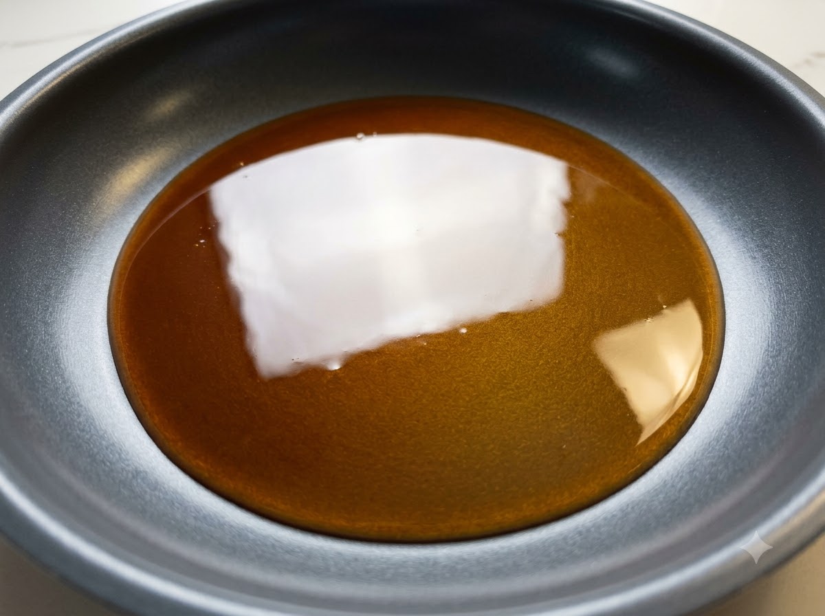 Una salsa teriyaki oscura hirviendo a fuego lento y reduciéndose en una sartén a fuego medio.