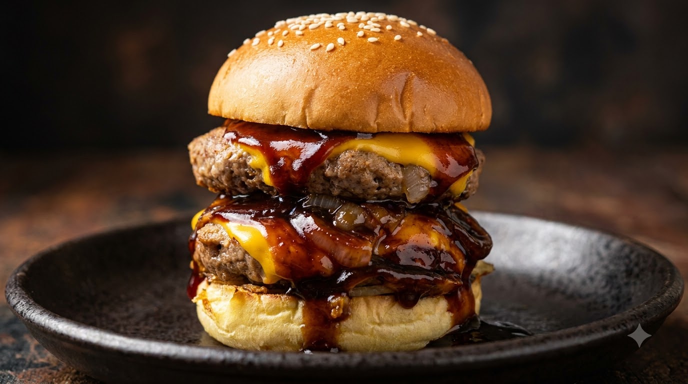 Un primer plano de una hamburguesa japonesa de ternera teriyaki de doble piso con queso fundido, salsa teriyaki brillante escurriéndose y panes con semillas de sésamo en un plato oscuro.