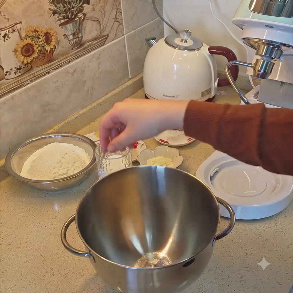 Ingredientes secos para hornear y leche siendo medidos y añadidos en el bol de una batidora de pie de acero inoxidable.