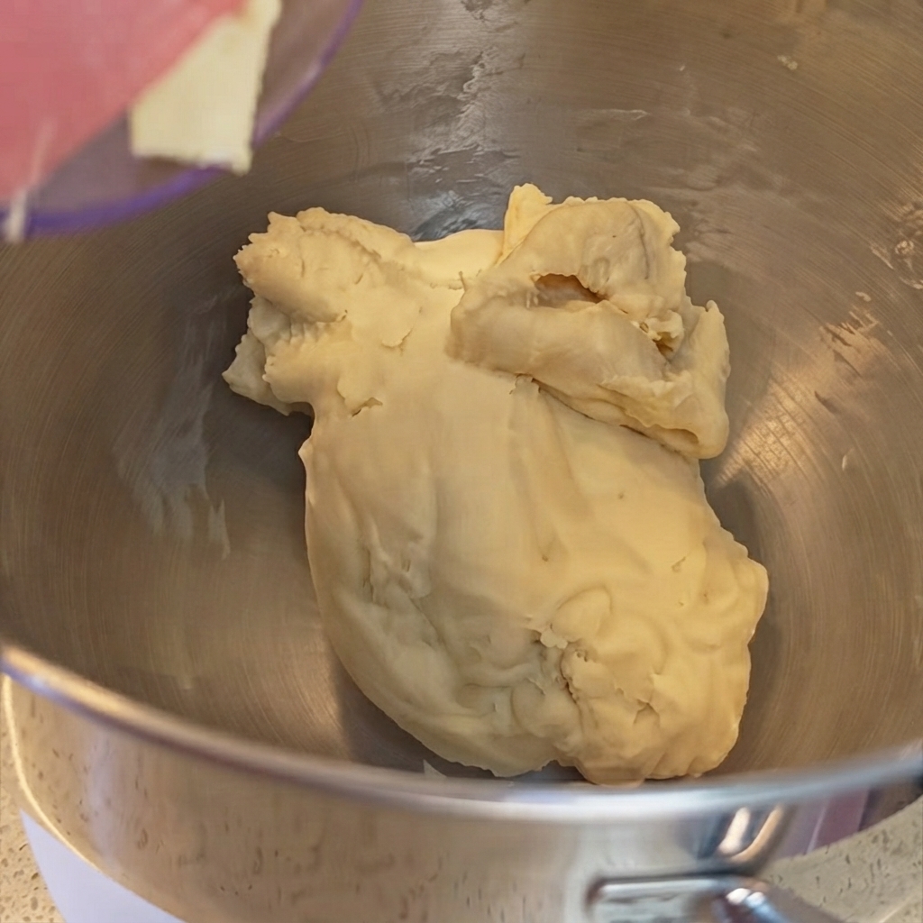 Un trozo de mantequilla amarilla siendo añadido a la masa mezclada dentro del bol de una batidora de pie.