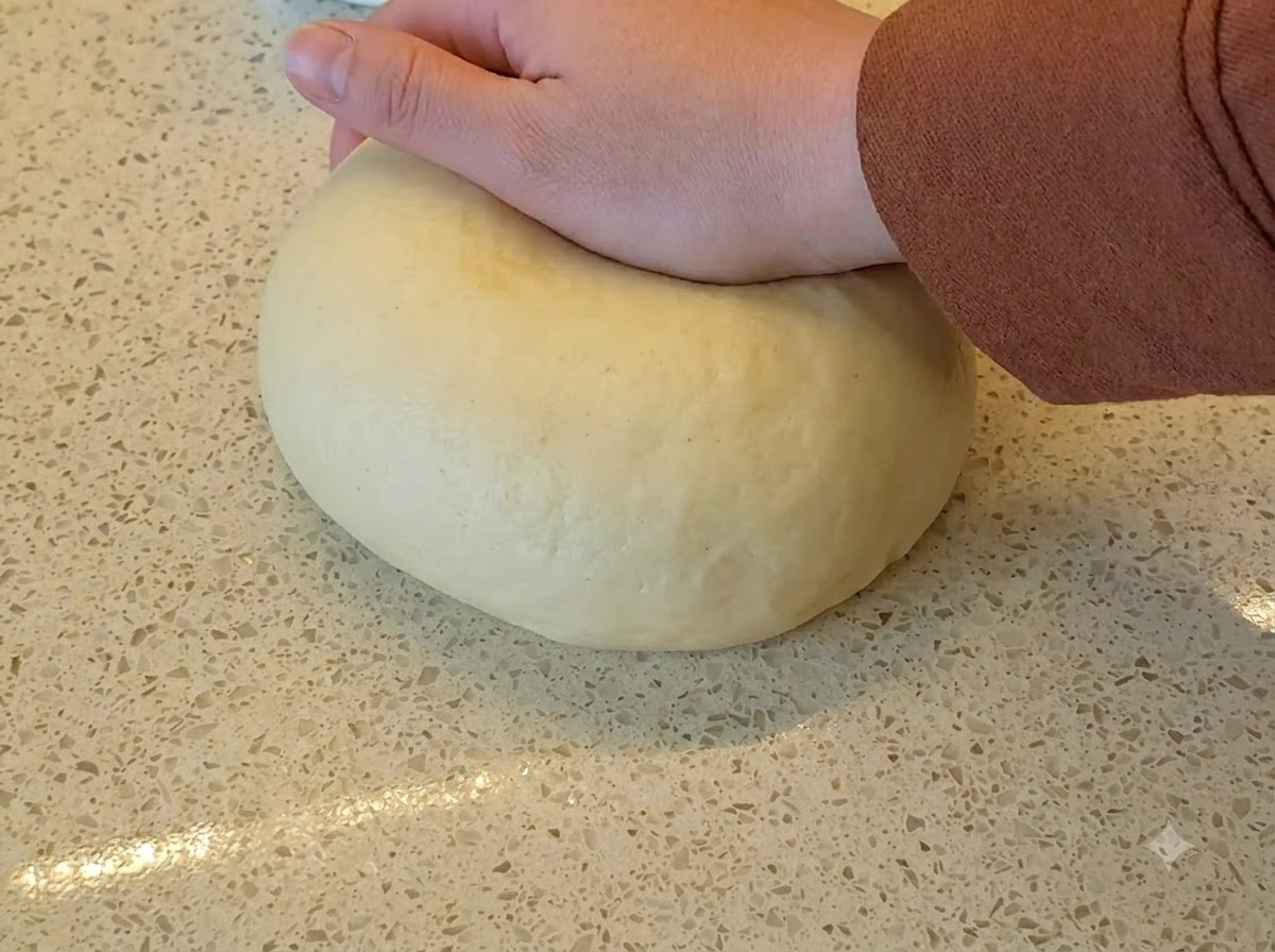 Una mano presionando hacia abajo una gran bola lisa de masa de pan amarilla sobre una encimera moteada.