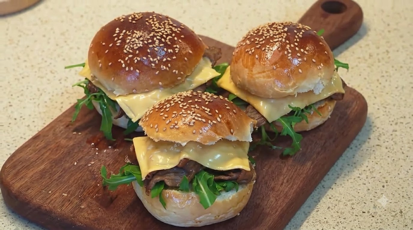 Hamburguesas de ternera teriyaki caseras con cheddar y rúcula
