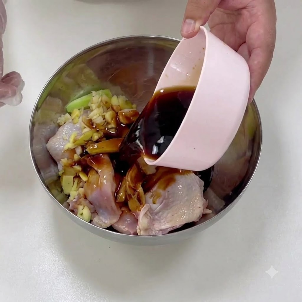 Mezcla de salsa teriyaki oscura siendo vertida desde un tazón al tazón del pollo.