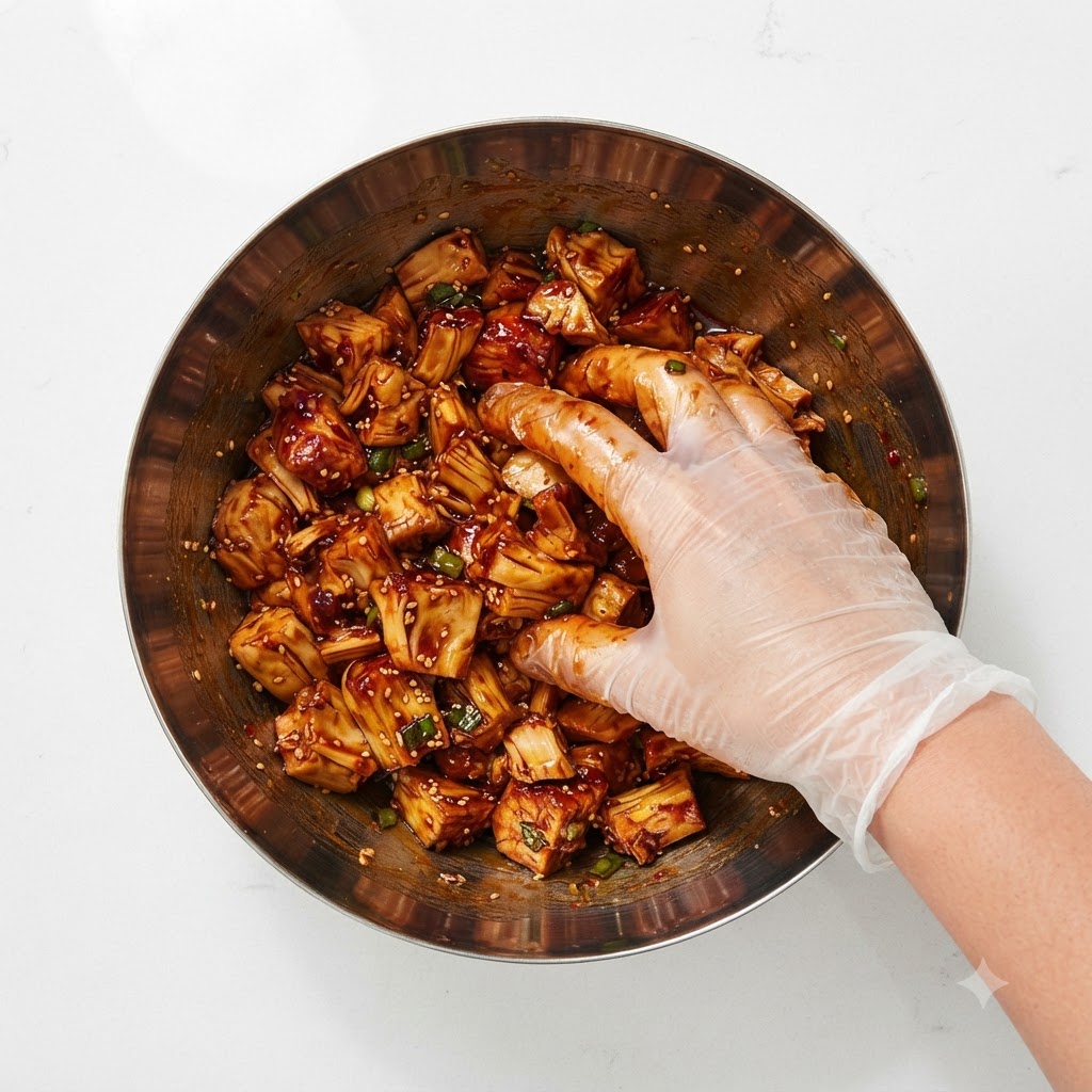 Mano con guante mezclando el pollo y los ingredientes de la marinada juntos dentro de un tazón.